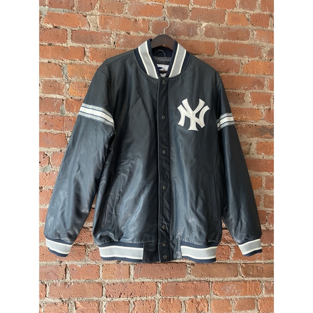 Vintage STARTER New York Yankees Logo Genuine Leather Bomber Jacket Mens Large